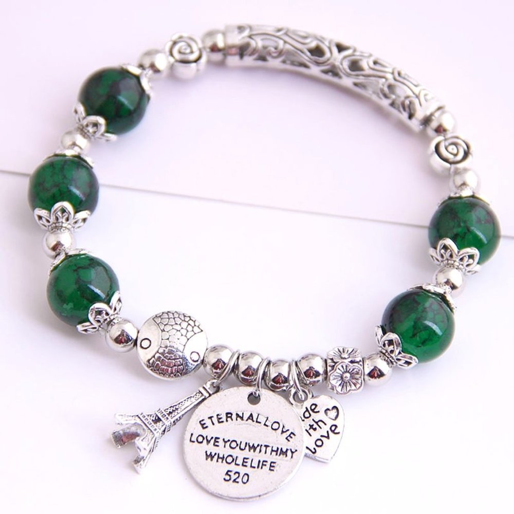 Green & Silver Bracelet with Eiffel tower Charm